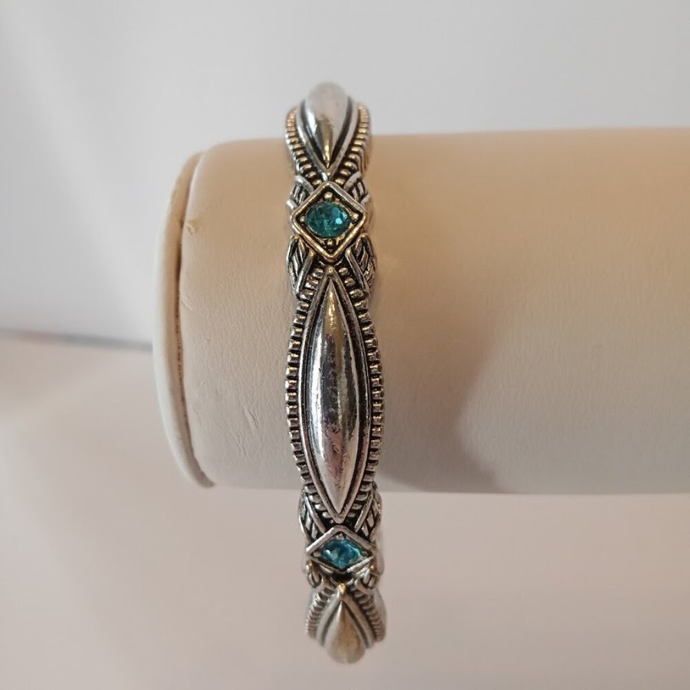 Silver Plated Ornate Antique Design Semi Stretch Bangle Turquoise Blue Gemstones